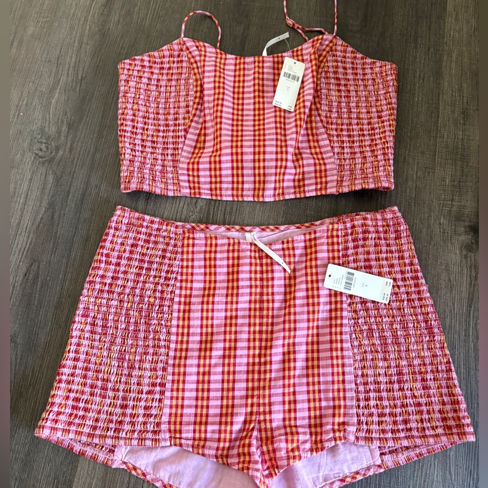 Anthropologie Pink and Red Gingham Smocked Crop Top & Shorts Set